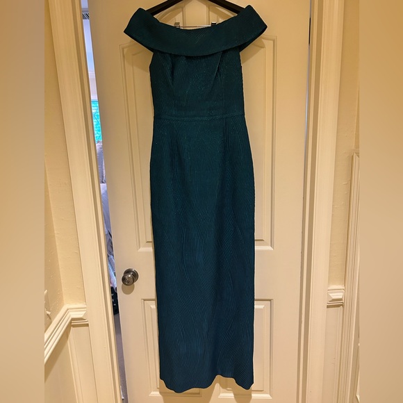 Teri Jon for Rickie Freeman Teal Off The Shoulder Long Dress Gown - Picture 4 of 14